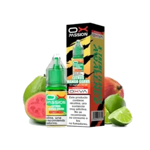 Botella de 10ml del e-liquid Oxva Ox Passion Salts Citrus Mango Guava con sabor a cítricos, mango y guayaba