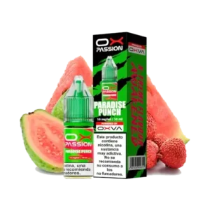Botella de 10ml del e-liquid Oxva Ox Passion Salts Paradise Punch con sabor a lichi, guayaba y sandía