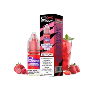 Botella de 10ml del e-liquid Oxva Ox Passion Salts Strawberry Raspberry Mojito con sabor a fresa, frambuesa, lima y menta