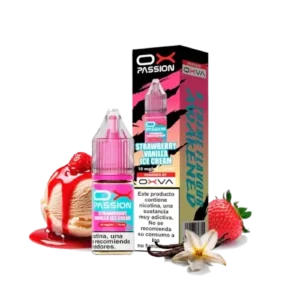 Botella de 10ml del e-liquid Oxva Ox Passion Salts Strawberry Vanilla Ice Cream con sabor a fresa y vainilla